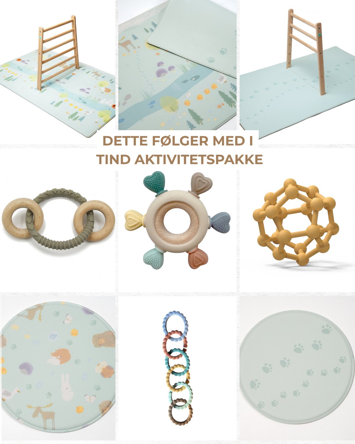 Tind aktivitetspakke fra Little Climby. Alt du trenger til tidligstimuli i en praktisk pakke. Tind aktivitetspakke inneholder babygym i tre som vokser med barnet bygges enkelt om, beste Kos lekematte i demende minneskum, fire babygymleker og biteleker i en, Nord Bitestjerne, Øst Multiringer, Vest Sanseball, Sør Griperangle. Lek sittepute 