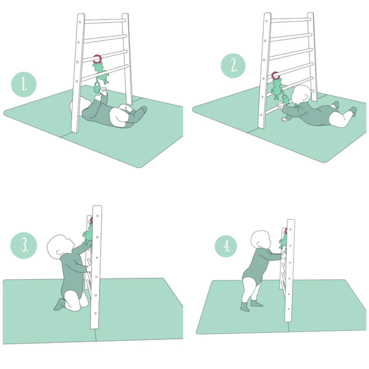 Babygym montessori norsk som vokser med barnet og bygges enkelt om tik aktivitetsstativ. Praktisk pakke med alt babyen trenger til tidligstimuli i en pakke som inneholder lekmatte i dempende minneskum, fire babygymleker og biteleker i en og praktisk liten sittepute. Babyleker i svært høy kvalitet og norsk design. Gifftfrie og trygge babyprodukter 
